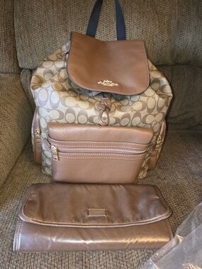 Coach Brown Signature Canvas Backpack with Leather Flap and Clutch